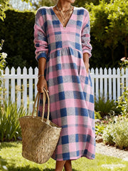 Women's Elegant Plaid Pattern Cozy V-Neck Dress