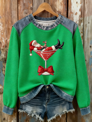 Women's Santa Claus sitting on a wine glass Print waffle Sweatshirt