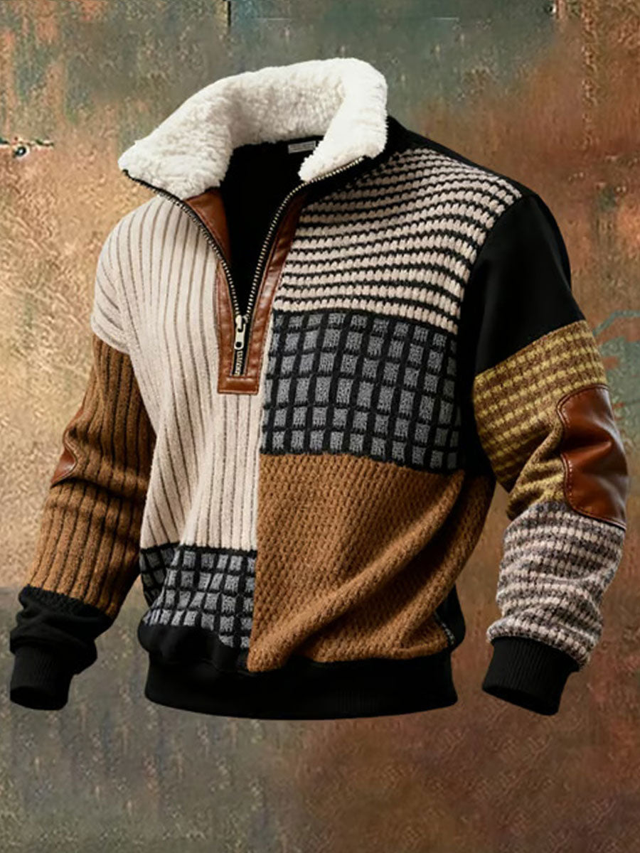 Men's Retro Color Block Print Casual Fur Collar Long Sleeve Sweatshirt gracestitchs