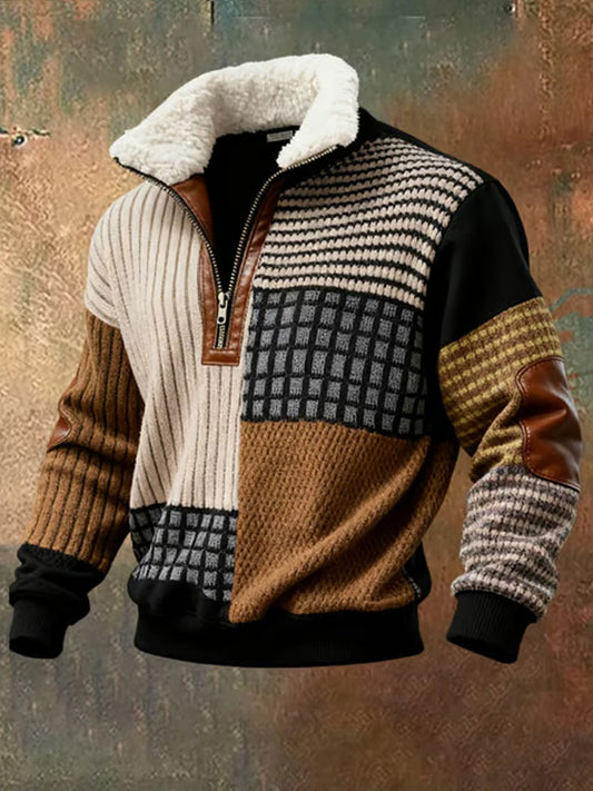 Men's Retro Color Block Print Casual Fur Collar Long Sleeve Sweatshirt