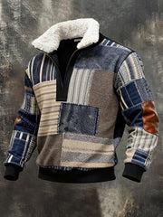 Men's Retro Color Block Print Casual Fur Collar Zip-up Hoodie gracestitchs