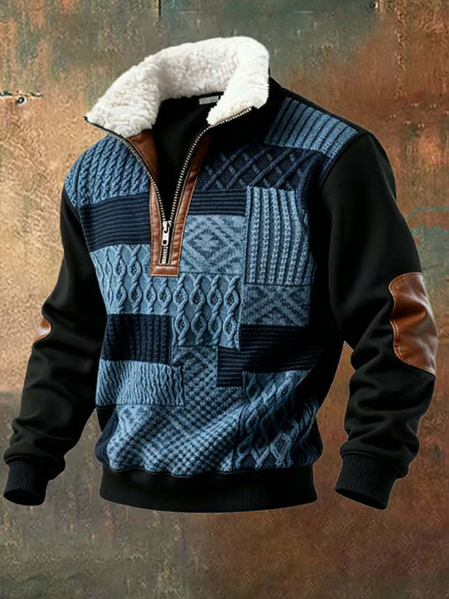 Men's Retro Color Block Print Casual Fur Collar Long Sleeve Sweatshirt gracestitchs
