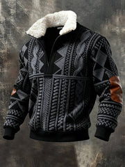Men's Retro Color Block Print Casual Fur Collar Zip-up Hoodie gracestitchs