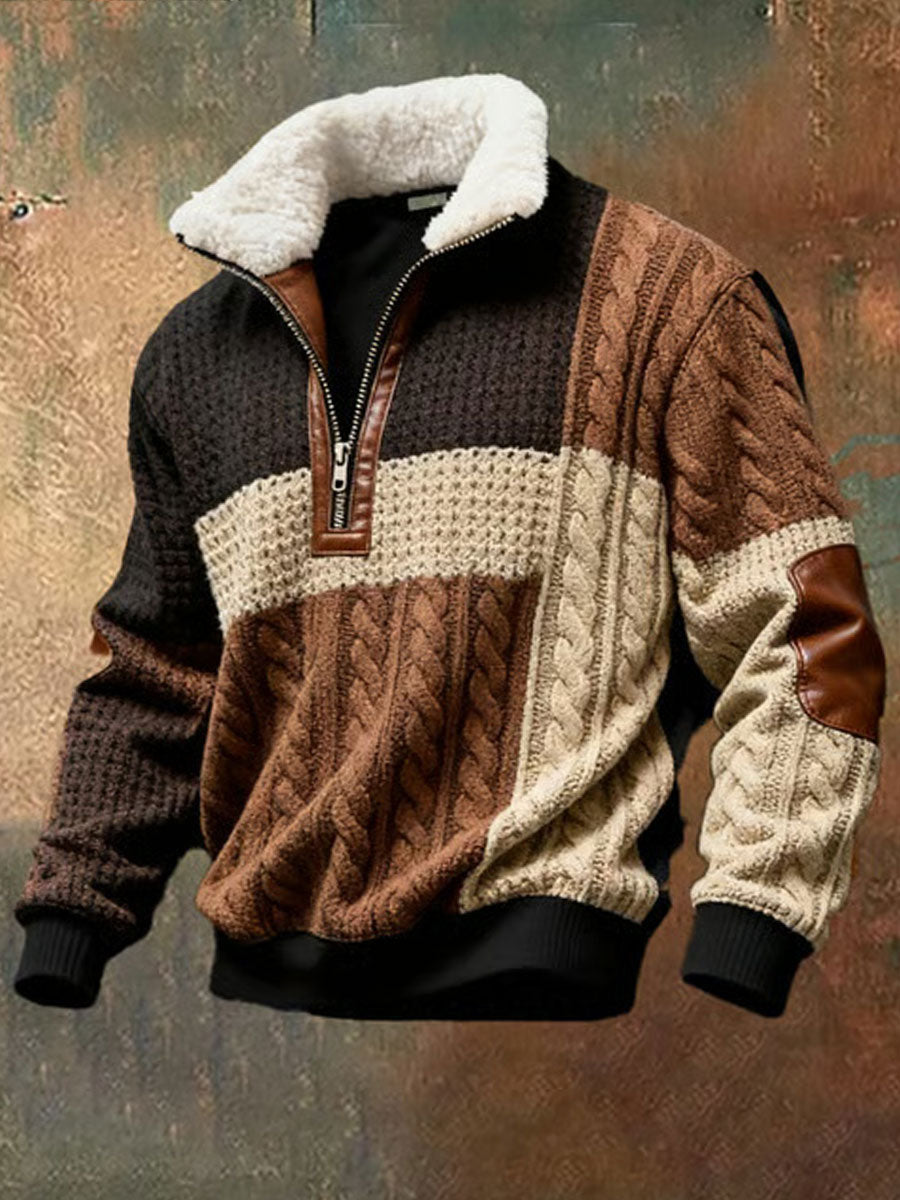 Men's Retro Color Block Print Casual Fur Collar Long Sleeve Sweatshirt gracestitchs