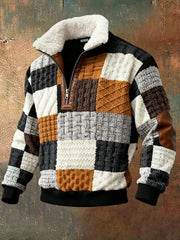 Men's Retro Color Block Print Casual Fur Collar Long Sleeve Sweatshirt gracestitchs