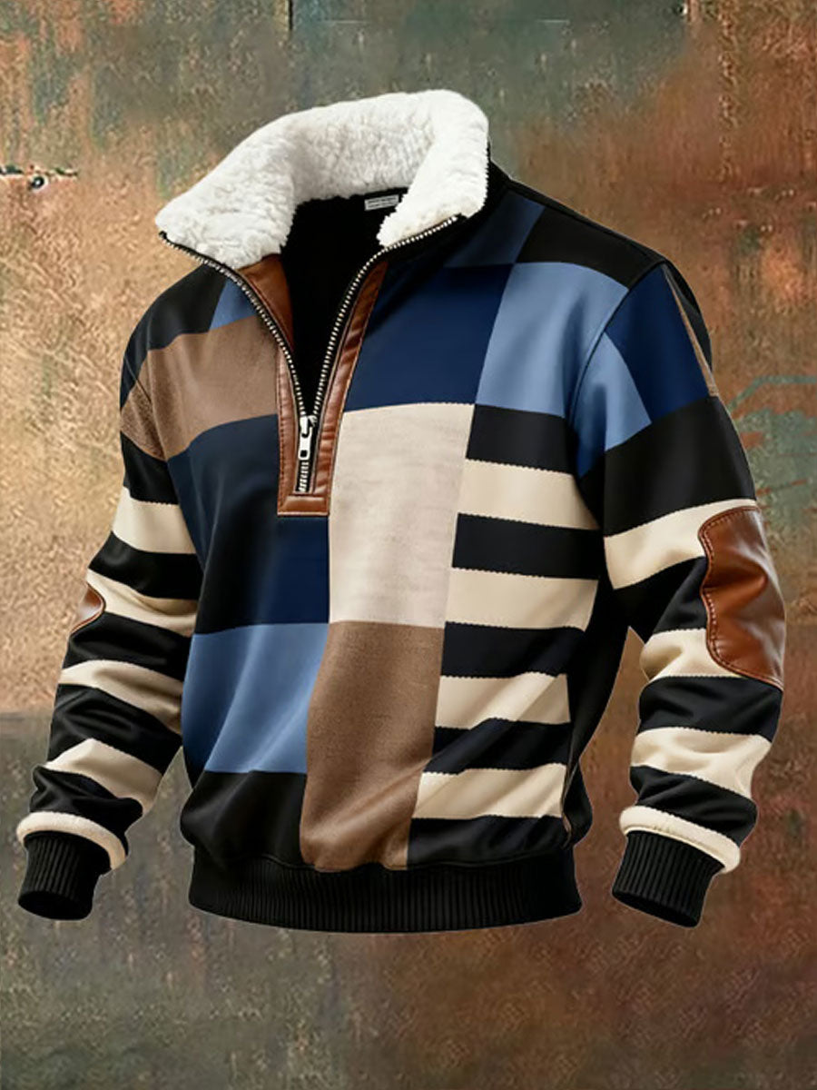 Men's Retro Color Block Print Casual Fur Collar Long Sleeve Sweatshirt gracestitchs