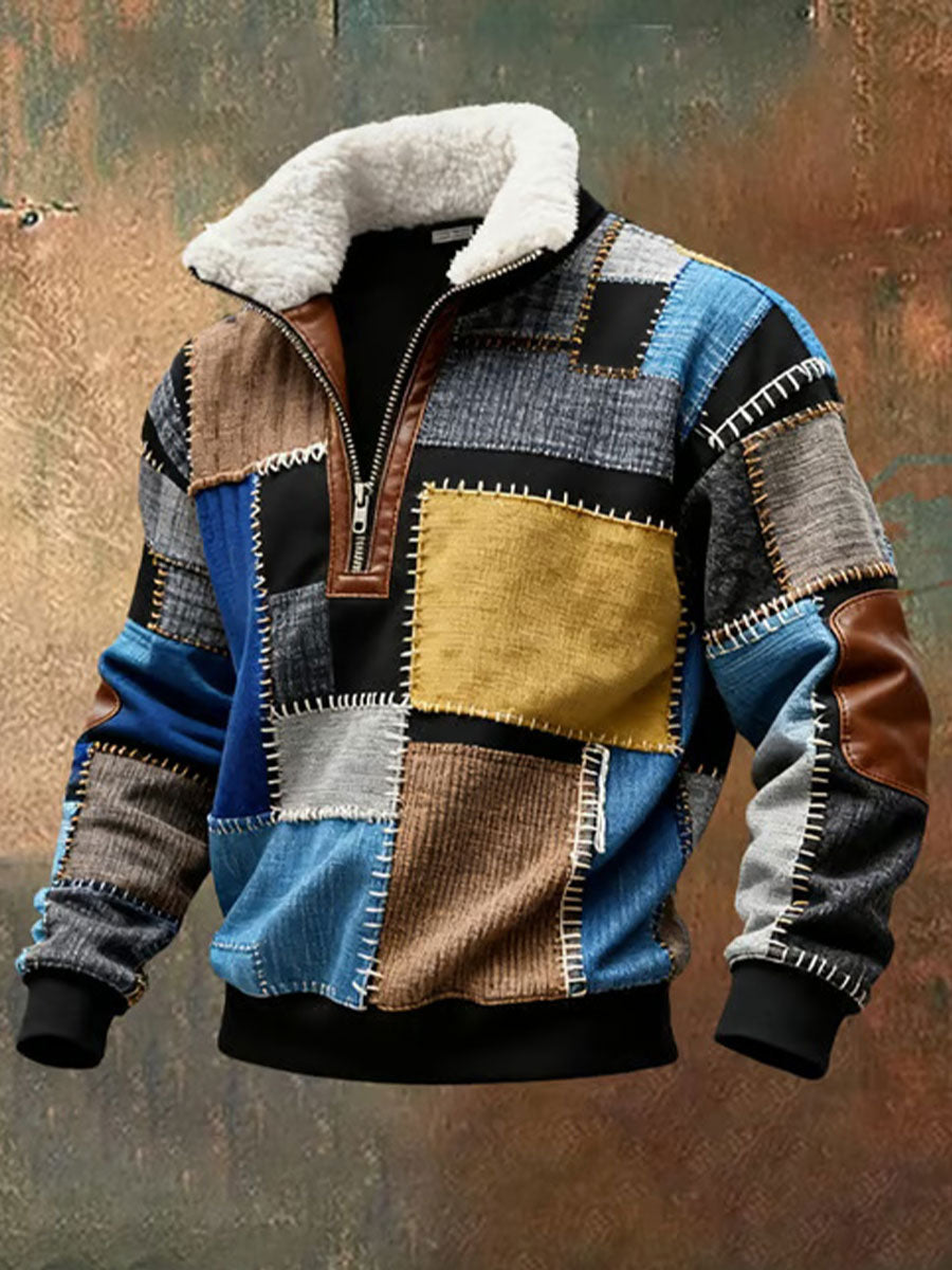 Men's Retro Color Block Print Casual Fur Collar Long Sleeve Sweatshirt gracestitchs