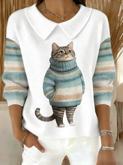 Women's Cute Winter Cat Print Cat Lovers Casual Doll Collar Top