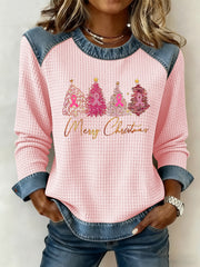 Women's Breast Cancer Awareness Merry Christmas Christmas Tree Print Casual Top