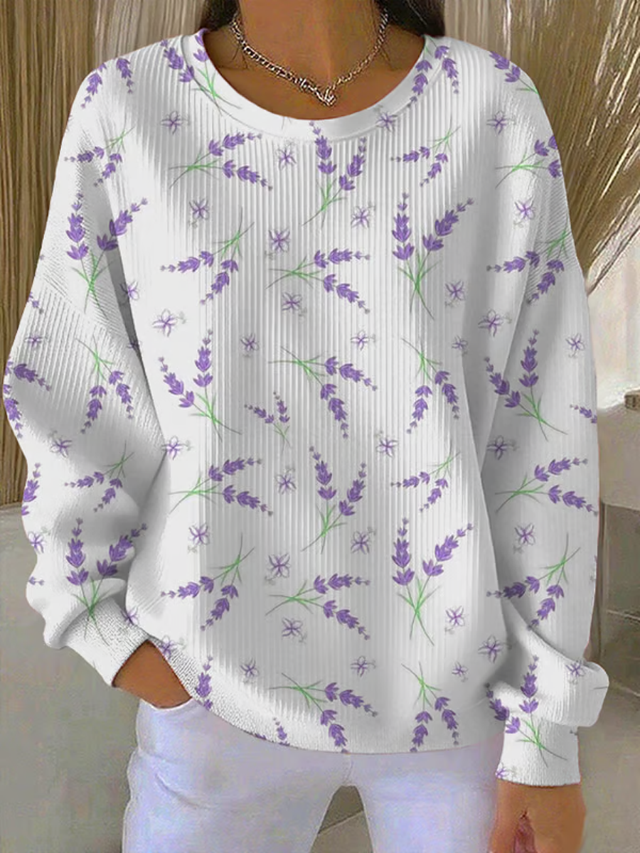 Women's Casual Purple Floral Ribbed Round-Neck Sweatshirt gracestitchs