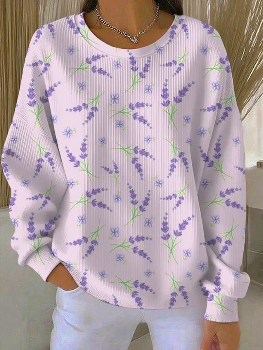Women's Casual Purple Floral Ribbed Round-Neck Sweatshirt gracestitchs