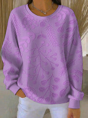 Women's Casual Purple Floral Ribbed Round-Neck Sweatshirt gracestitchs