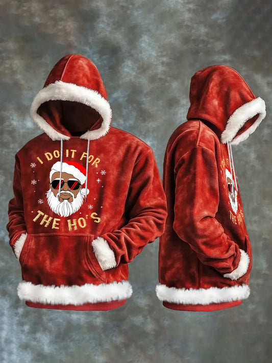 Men's Funny Christmas I Do It For The Ho's Santa Claus Print Casual Plush Hoodie
