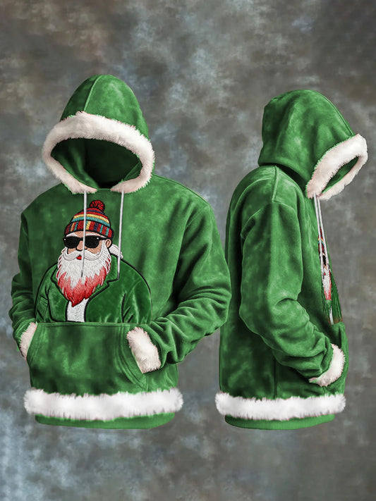 Men's Vintage Christmas Hip-Hop Santa Claus Print Casual Plush Hoodie