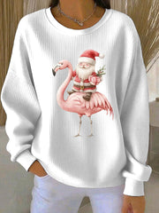 Women's Santa Claus sitting on a flamingo print Ribbed Round-Neck Sweatshirt