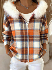 Women's Fall Plaid Pattern Cozy Furry Cardigan