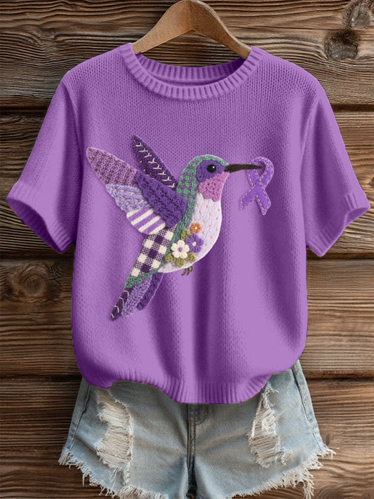 Women's Felt Art Hummingbird Pattern Cozy Knit Top gracestitchs