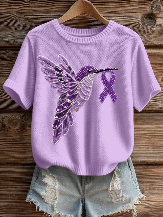 Women's Purple Hummingbird Pattern Cozy Knit Top gracestitchs