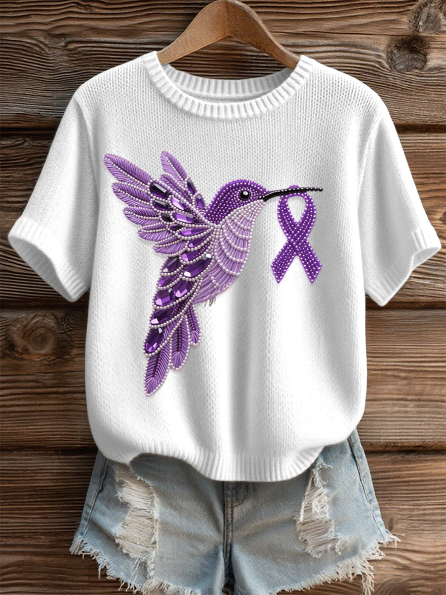 Women's Purple Hummingbird Pattern Cozy Knit Top gracestitchs