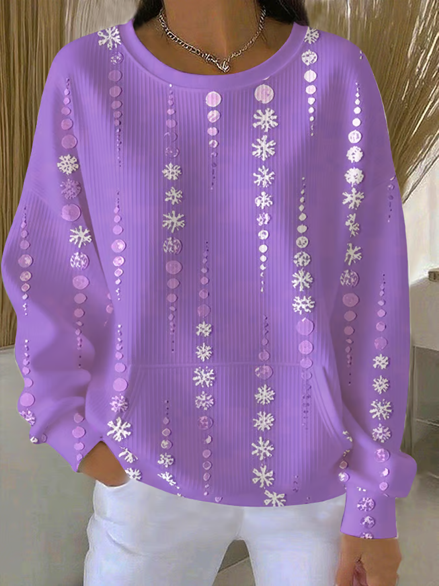 Women's Autumn Purple Printed Ribbed Round-Neck Sweatshirt gracestitchs