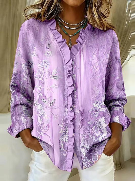 Women's Casual Purple Art Ruffle Shirt