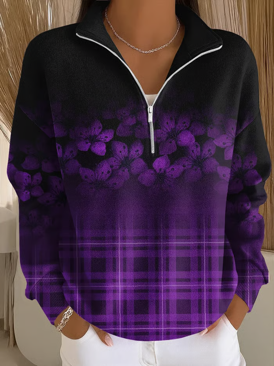 Women's Retro Purple Floral Plaid Print Comfortable Sweatshirt gracestitchs