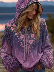 Women's Autumn Vintage Purple Floral Print Crew Neck Sweatshirt gracestitchs