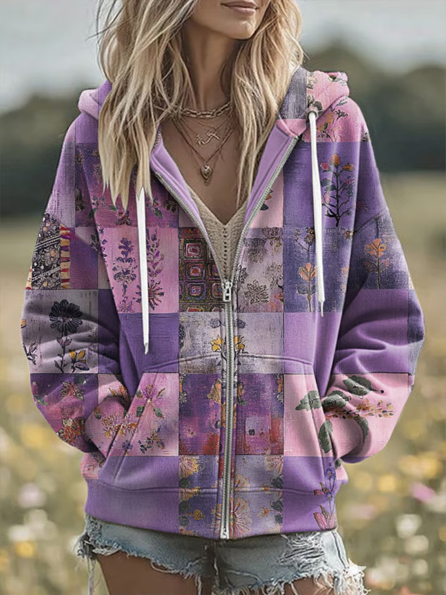Women's Casual Alzheimer's Awareness Purple Patchwork Hooded Sweatshirt gracestitchs