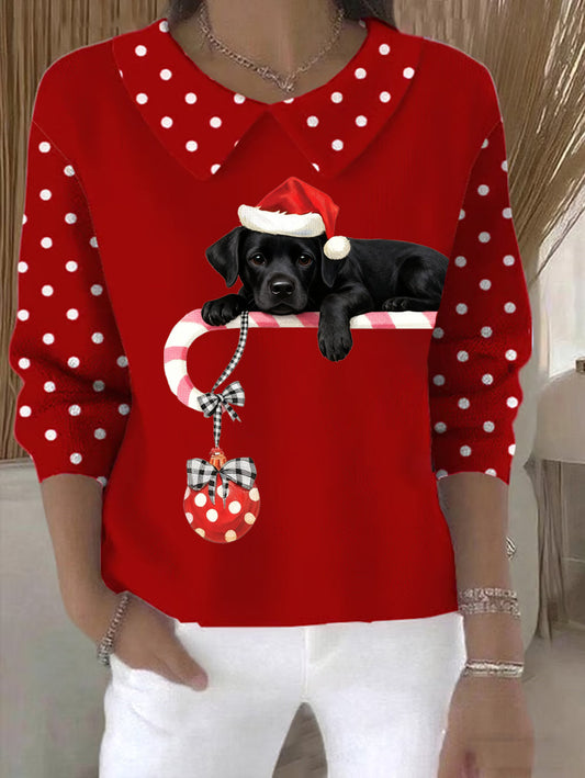 Women's Christmas Cute Dog Print Casual Doll Collar Sweater gracestitchs