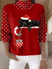 Women's Christmas Cute Dog Print Casual Turtleneck Sweater gracestitchs