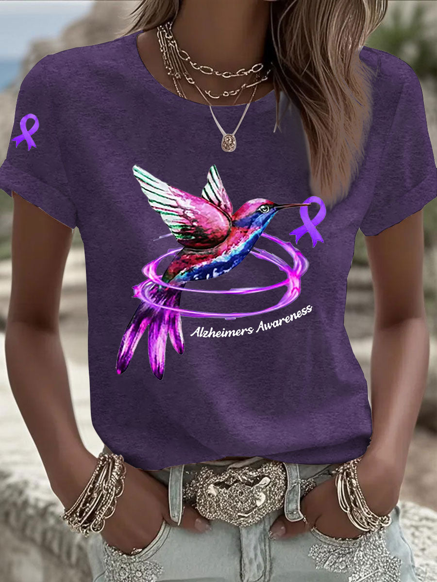 Women's Alzheimer's Awareness Purple Ribbon Print Casual T-Shirt gracestitchs