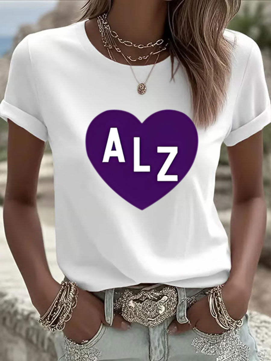 Women's Alzheimer's Awareness Heart Print Casual T-shirt gracestitchs