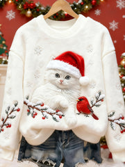 Women's Cute Christmas Cat Art Print Casual Flannel Sweatshirt gracestitchs
