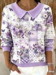 Women's Alzheimer's Awareness Purple Floral Patchwork Casual Top gracestitchs