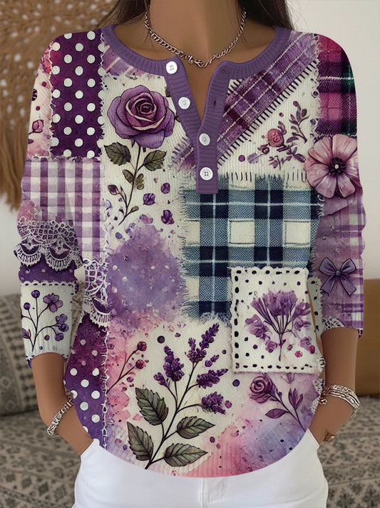 Women's Alzheimer's Awareness Purple Floral Patchwork Top gracestitchs