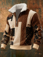 Men's Retro Color Block Print Casual Fur Collar Zip-up Hoodie gracestitchs