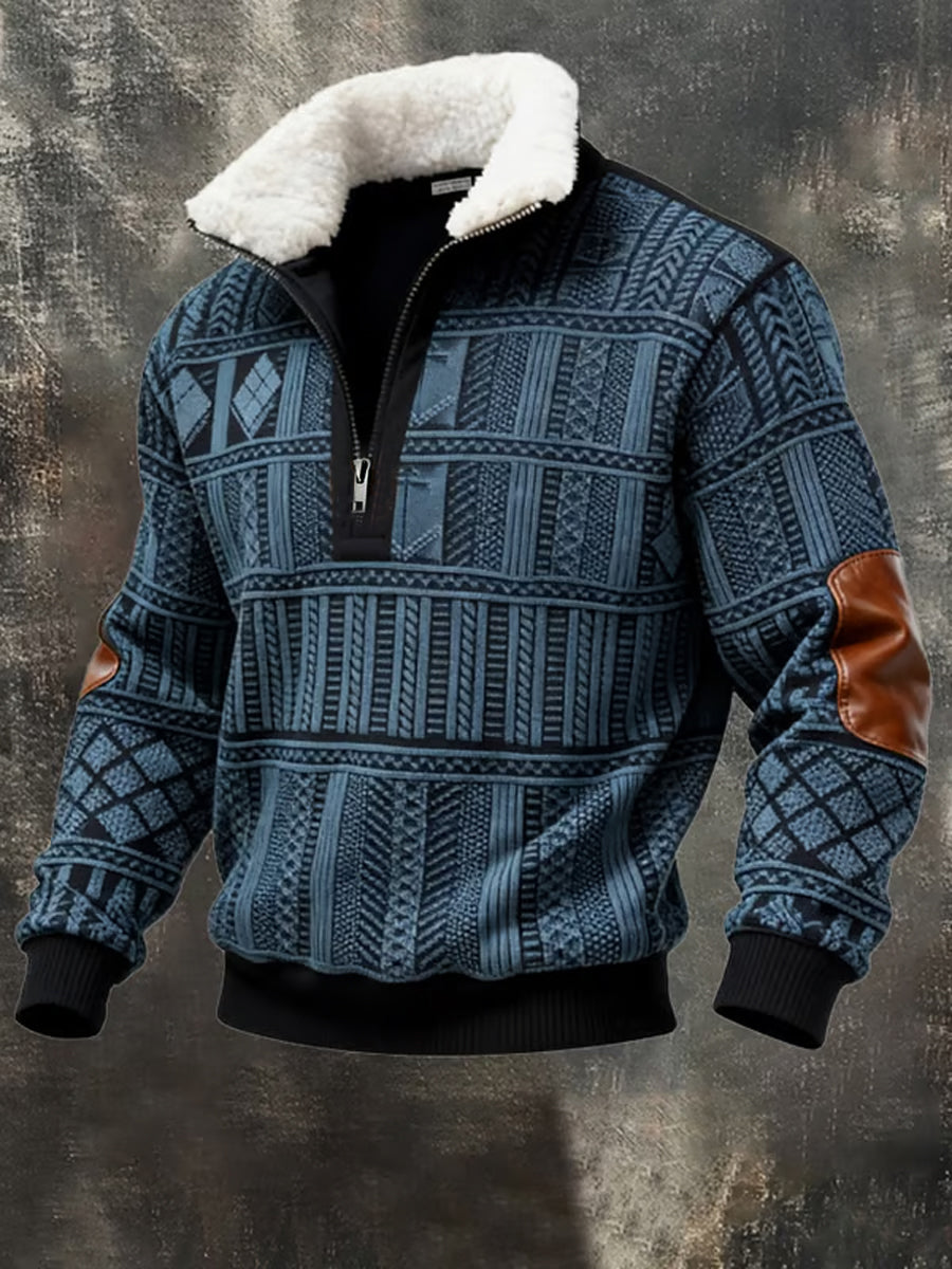 Men's Retro Color Block Print Casual Fur Collar Zip-up Hoodie gracestitchs