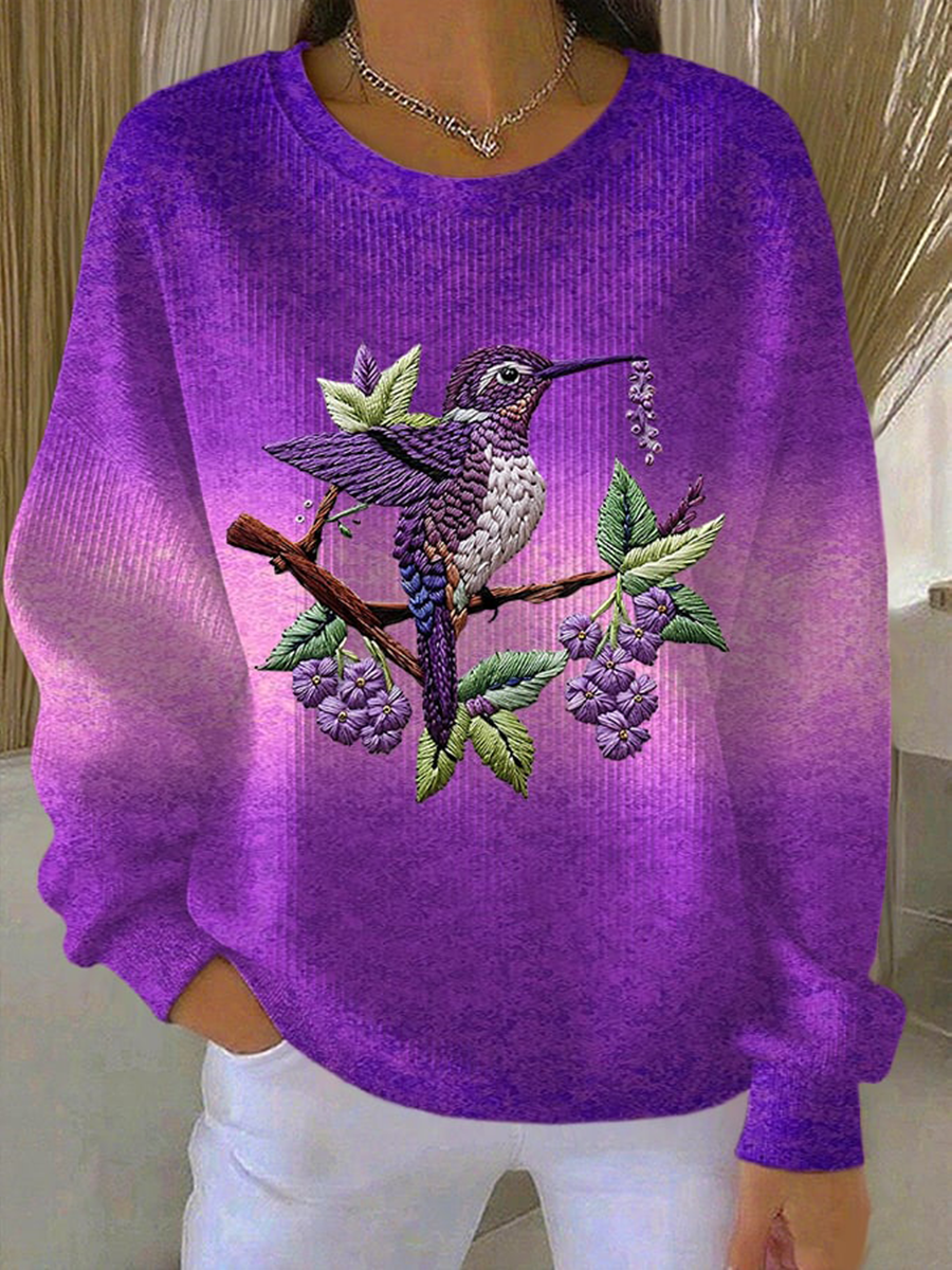 Women's Purple Gradient Hummingbird Floral Print Casual Sweatshirt gracestitchs