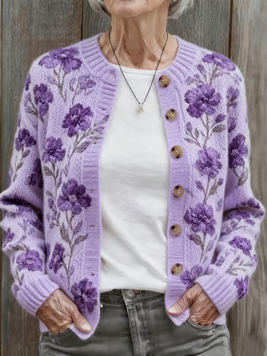 Women's Autumn and Winter Purple Floral Comfortable Warm Sweater Cardigan gracestitchs