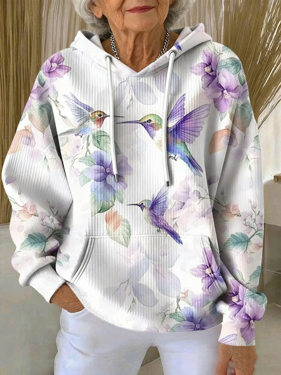 Women's Casual Purple Hummingbird Textured Hoodie gracestitchs