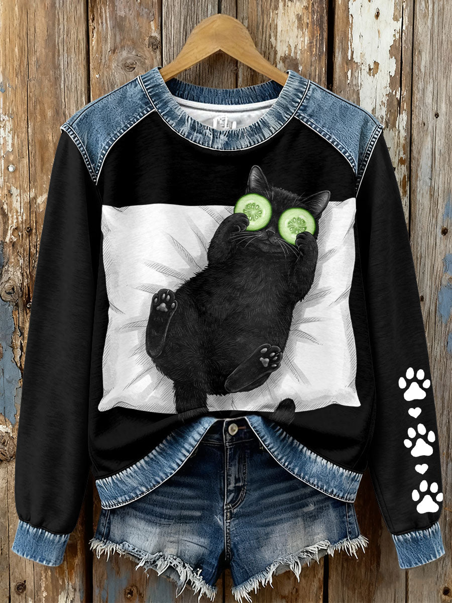 Women's black cat print face mask sweatshirts gracestitchs