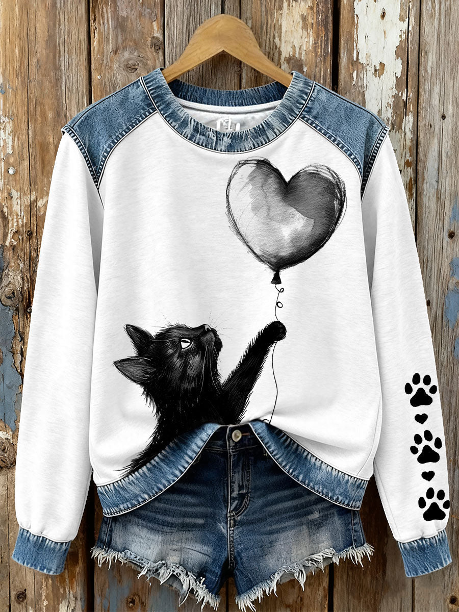 Women's black cat print sweatshirts gracestitchs