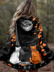 Women's Autumn Maple Leaf Cat Print Hooded Jackets gracestitchs