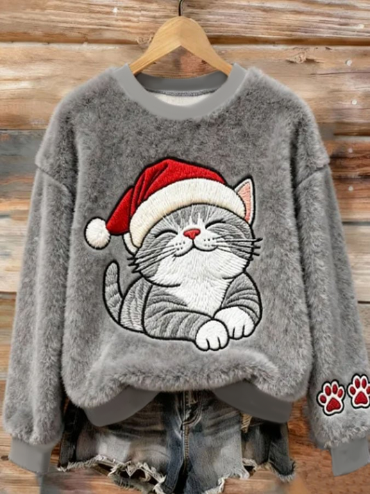 Women's Christmas Cute Cat Art Flannel Sweatshirt gracestitchs