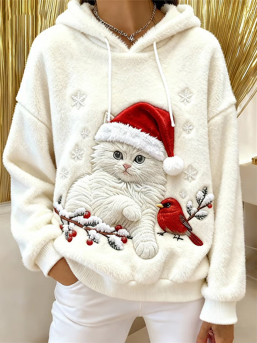 Women's Cute Christmas Cat Art Print Casual Flannel Hoodie gracestitchs