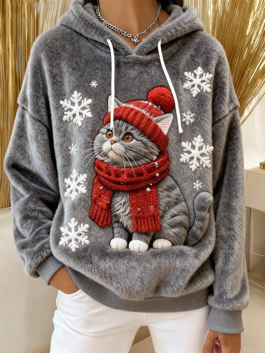 Women's Cute Christmas Cat Art Print Casual Flannel Hoodie gracestitchs