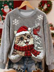 Women's Cute Christmas Cat Art Print Casual Flannel Sweater gracestitchs