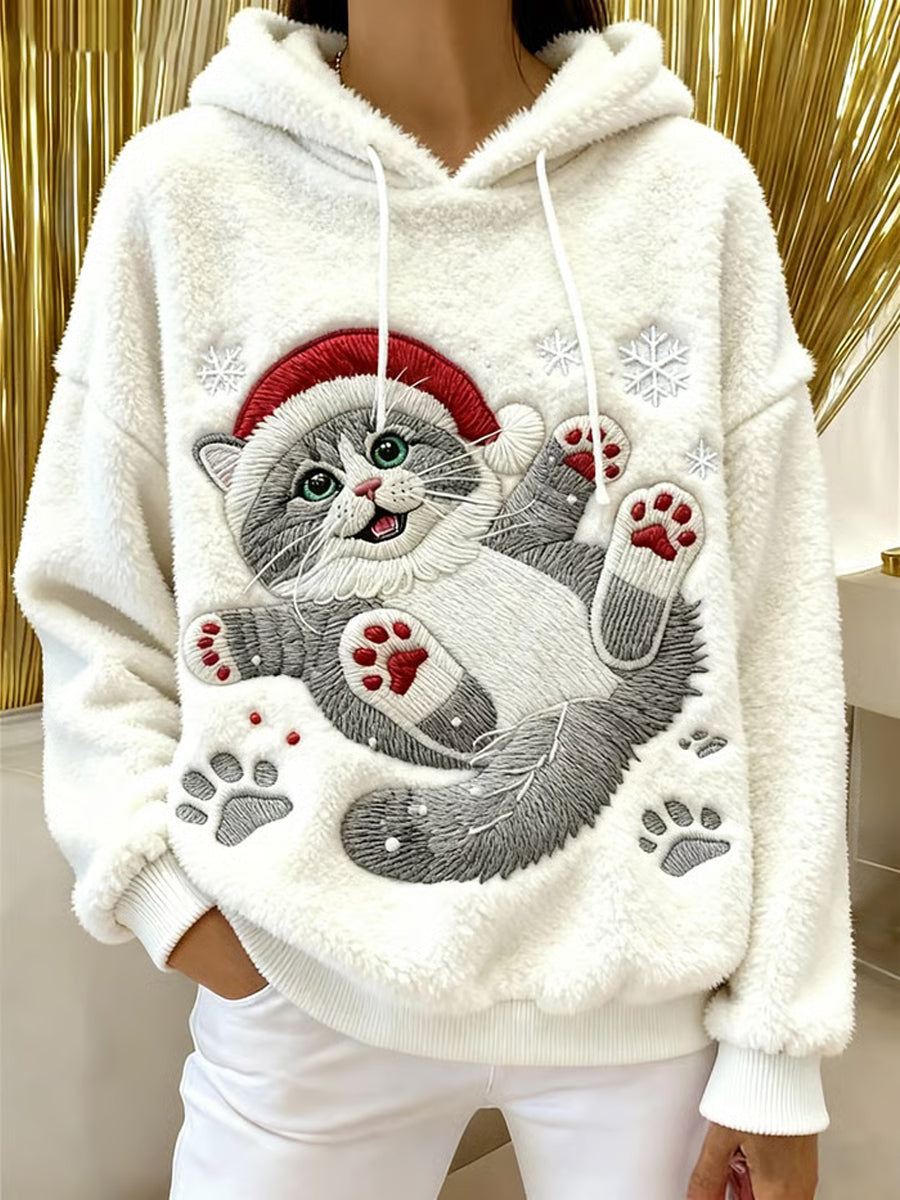 Women's Cute Christmas Cat Art Print Casual Flannel Hoodie gracestitchs