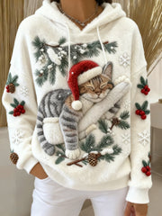 Women's Cute Christmas Cat Art Print Casual Flannel Hoodie gracestitchs