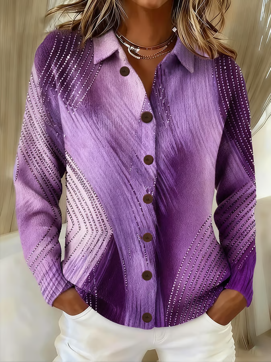 Women's Casual Retro Purple Geometric Gradient Cardigan gracestitchs